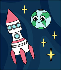 Pink rocket is flying past the Earth. Childish space illustration. Cartoon, vector.