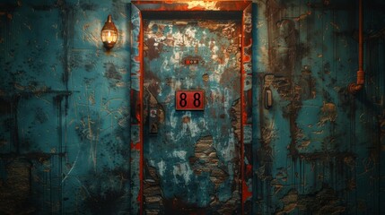 Rustic blue door with weathered paint, illuminated by a vintage wall lamp, adorned with an old, red number 88 plaque amidst a decaying urban backdrop