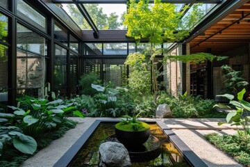 Courtyard garden surrounded by a glass atrium