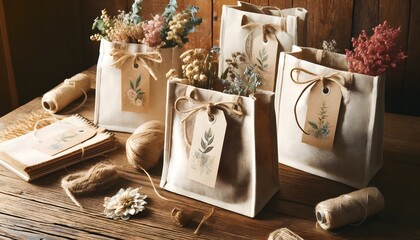 Eco-friendly fabric bags made from natural and recycled materials, placed on a wooden table. Each bag is decorated with jute twine and dried flowers