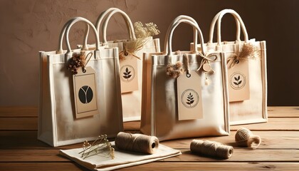 Eco-friendly fabric bags made from natural and recycled materials, placed on a wooden table. Each bag is decorated with jute twine and dried flowers