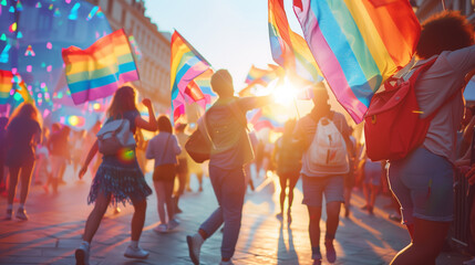 A dynamic composition of people dancing and celebrating at a pride festival, with rainbow flags waving in the air, symbolizing LGBTQ+ pride and joy, with space for text overlay