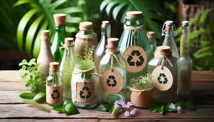 Recycled glass bottles and jars arranged on a wooden table. Green leaves and small flowers are placed around, adding a natural touch to the scene