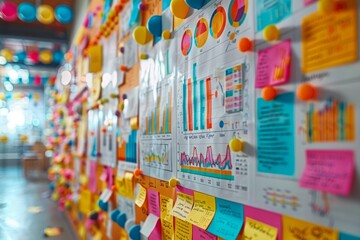 Colorful charts and graphs on office planning wall