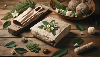 Compostable packaging made from compost materials, placed on a wooden table. The scene is decorated with green leaves and small flowers