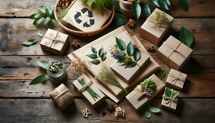 Eco-friendly paper packaging made from recycled materials, arranged on a wooden table. Green leaves and dried flowers are placed around, adding a touc