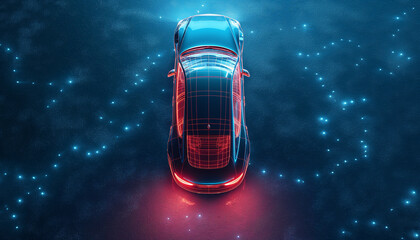 Top view of luxury car wireframe on starry blue grid