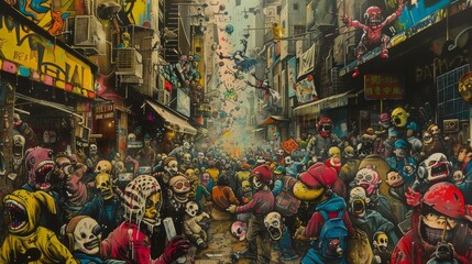 Naklejka premium Surreal Street Art Illustration With Colorful Crowd And Dynamic Composition