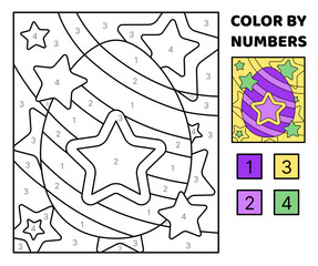 Color by number. Purple egg with pink star. Coloring page. Game for kids. Cartoon, vector
