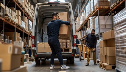 Warehouse workers are collaboratively loading a delivery van with items at a storage facility, demonstrating efficiency through teamwork and logistical management of inventory and shipping processes