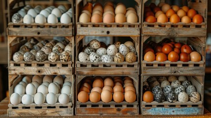 Quail eggs, chicken eggs and duck eggs in their respective boxes at a stall in a traditional market.
