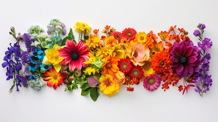 An artistic composition of rainbow-colored flowers arranged in the shape of a flag, representing LGBTQ+ pride and diversity, with space for text or branding