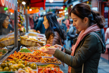 Friends exploring a bustling marketplace, sampling exotic foods and haggling with vendors amidst...