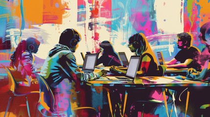 Three people working together on computers with a colorful world map in the background