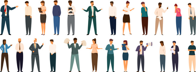 Yell boss vector. A group of people in business attire are shown in a row, with some looking at the camera and others looking away. Concept of professionalism and formality, with the people dressed in