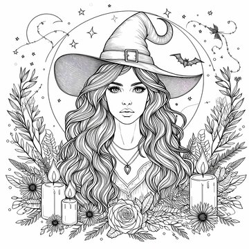 Enchanting Witch: Beautiful Witch Woman Coloring Page for Adults