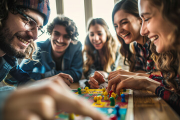Companions gathered around a tabletop game, strategizing and joking as they engage in friendly competition. Concept of amusement and togetherness. Generative Ai.