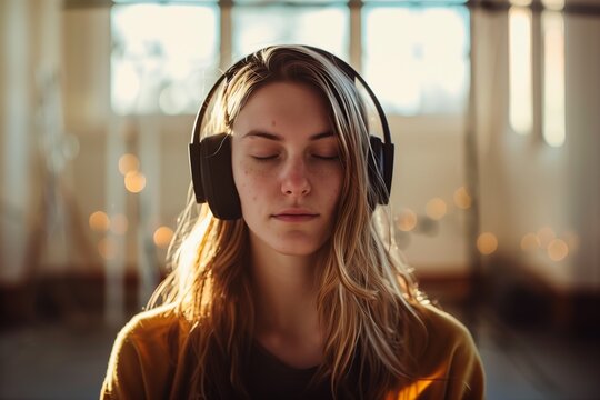 Blonde woman with her eyes closed enjoying the music wearing headphones, minimalist background