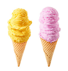 Mango and strawberry ice cream scoops with cone isolated on white background