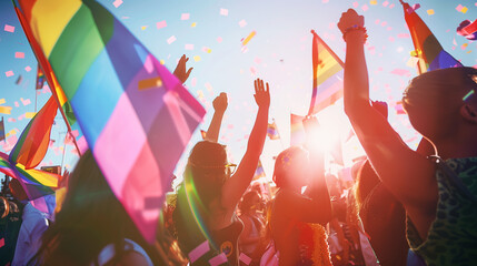 A dynamic composition of people dancing and celebrating at a pride festival, with rainbow flags waving in the air, symbolizing LGBTQ+ pride and joy, with space for text overlay - Powered by Adobe