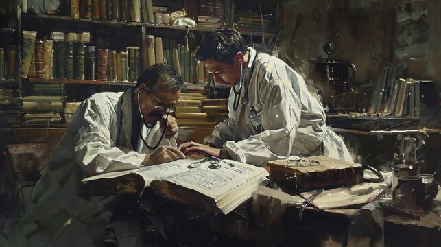 Two doctors reading an ancient book in a historical setting