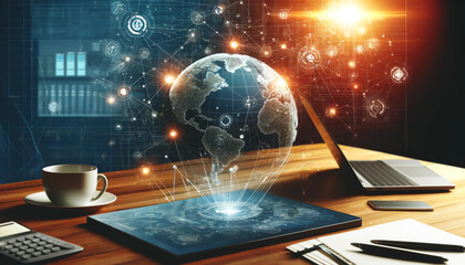 Digital Marketing Business Globe Network with Interconnected Lines and Nodes Representing Global Connectivity