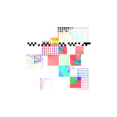 Colorful glitch screen elements vector background, digital pixels and noise error video damaged signal, squares and dots