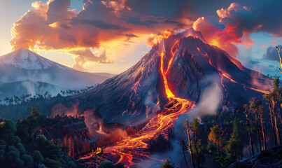 A volcanic eruption, a natural disaster, clouds of ash and gas burst out of the crater, fiery lava slides into the valley and burns forests.