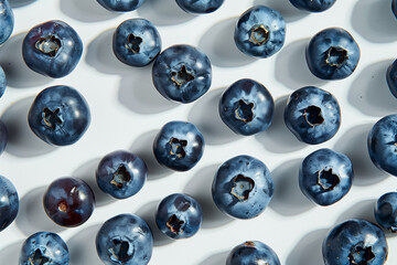 studio environment with precise lighting and expert color grading, blueberries against a white solid background. From a top view perspective, the blueberries are arranged to showca
