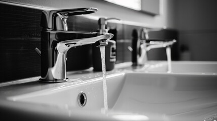 the sink and faucet in the center, black and white space generative ai