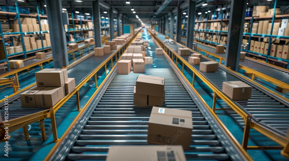 Poster in a modern warehouse, an automated conveyor belt system efficiently handles packages, showcasing lo