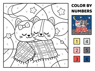 Color by number. Couple of cats on the roof in star night. Coloring page. Game for kids. Kawaii, cartoon, vector.