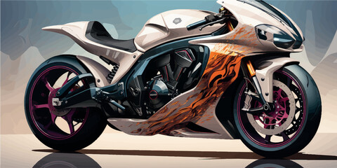 Colorful art paints 3D motorcycle model. Motorcycle picture poster illustration. Moto art. Motorbike print on T-shirts, clothes, fabric, paper, stationery. Rent, purchase, license category A.