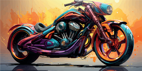 Colorful art paints 3D motorcycle model. Motorcycle picture poster illustration. Moto art. Motorbike print on T-shirts, clothes, fabric, paper, stationery. Rent, purchase, license category A.