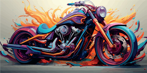 Colorful art paints 3D motorcycle model. Motorcycle picture poster illustration. Moto art. Motorbike print on T-shirts, clothes, fabric, paper, stationery. Rent, purchase, license category A.