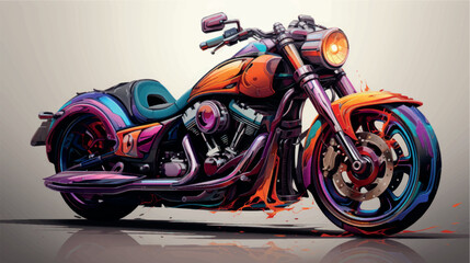 Colorful art paints 3D motorcycle model. Motorcycle picture poster illustration. Moto art. Motorbike print on T-shirts, clothes, fabric, paper, stationery. Rent, purchase, license category A.