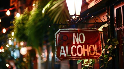 A vividly illuminated No Alcohol sign displayed prominently outside an establishment during twilight, capturing a sense of urban nightlife regulation