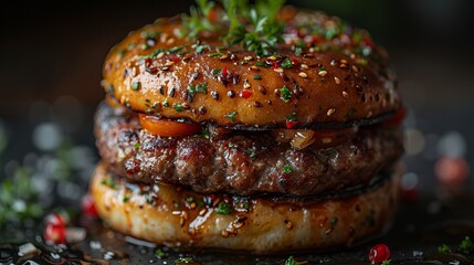 A Close-up View of a Juicy Hamburger with Sesame Seed Bun, Topped with Fresh Herbs and Sprinkled with Red Pepper Flakes, Perfectly Illustrating a Delicious Gourmet Meal