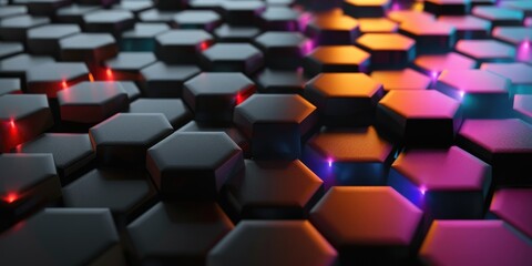 black reflective hexagon background with colored lights