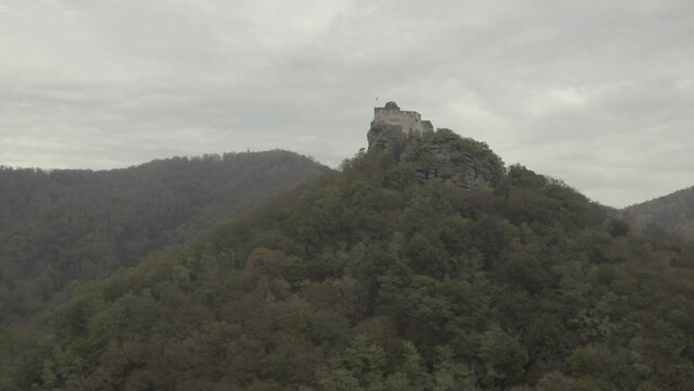 Aerial View of Burgruine Aggstein in Wachau, Scenic River Valley and Castle Ruins, Historic Site in Austria, D-Log