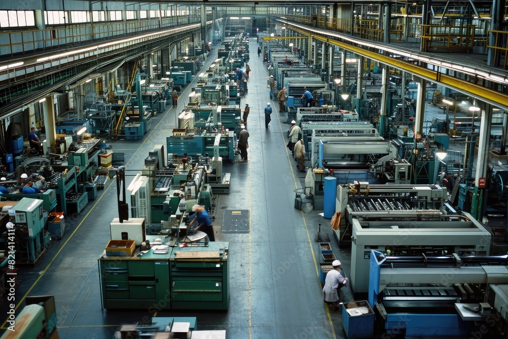 Poster factory floor with workers operating machinery