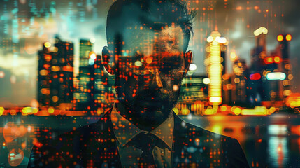 Portrait of young business man on city lights background, thinking person and abstract blurred buildings at night. Concept of multiple, future, people and success