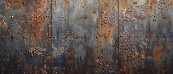 Old metal texture background, dirty iron rusty plate. Grungy vintage steel leaf or wall, panoramic view. Concept of industry, grunge, rust, worn material, rough sheet