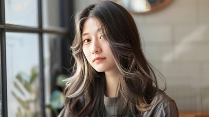 A beautiful woman who has long dark beige hair.