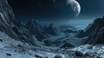 Alien planet in deep space, view of deserted surface and moon, mountain landscape at night. Concept of futuristic nature, sci-fi, science, universe