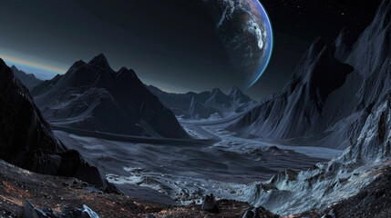 Alien planet in deep space, view of deserted surface and moon, mountain landscape at night. Concept of futuristic nature, sci-fi, science, adventure,
