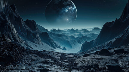 Alien planet in deep space, view of deserted surface and moon, mountain landscape at night. Concept of futuristic nature, sci-fi, adventure, universe