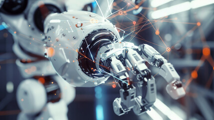 White robot hand on abstract tech background, futuristic industrial arm in lab. Concept of AI technology, robotic innovation, science, digital, future