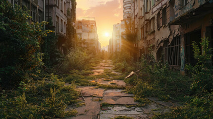 Destroyed buildings during post apocalypse at sunset, city road and ruins overgrown with tropical plants after end of World. Concept of war, futuristic jungle, future, street.