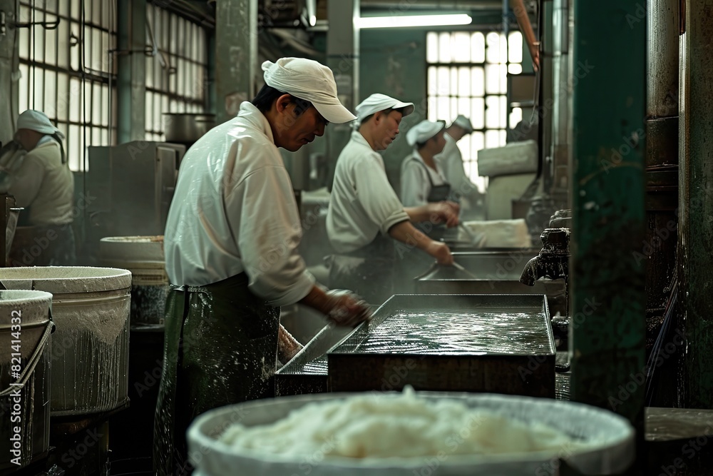 Poster factory workers handling raw materials
